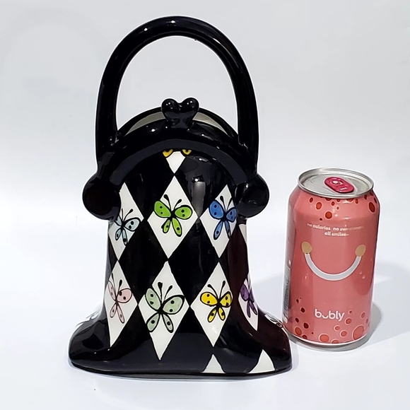 Other - 10" Handbag Purse Ceramic Harlaquin Black White Diamin Butterflies MacKensie Art